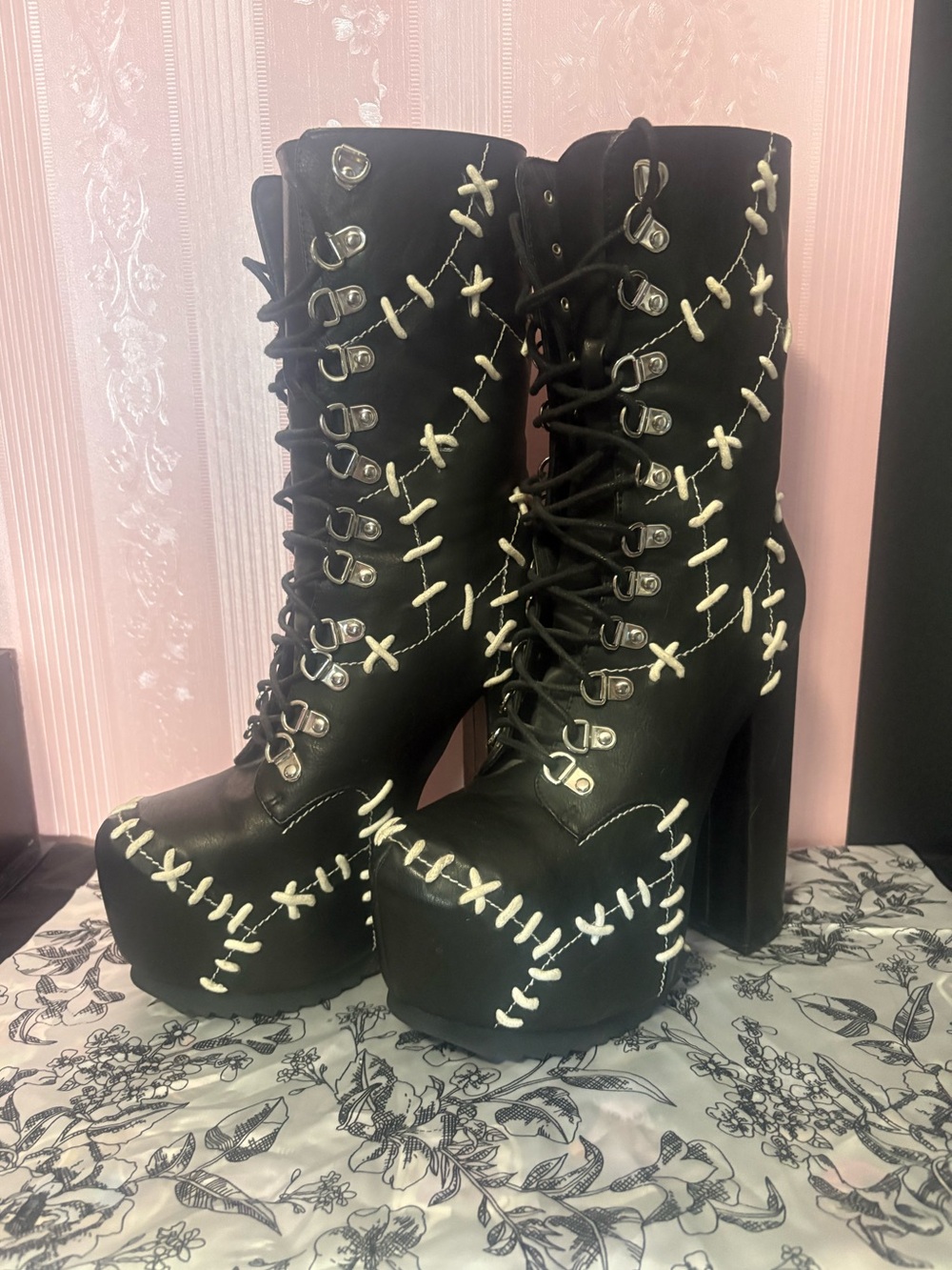 Lace up high heeled boot